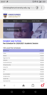 Christopher Univerisity Fee Schedule for 2020/2021 Academic Session