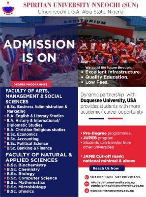 Spiritan University Pre-Degree admission, 2021/2022 academic session