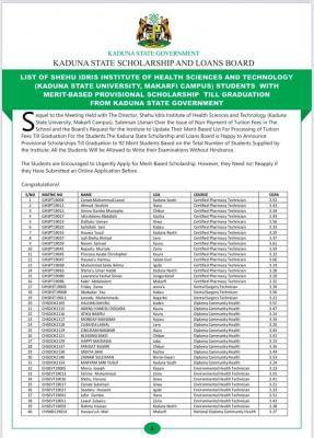 Kaduna State Scholarship Board releases list of Shehu Idris Institute of Health Students offered need-based Scholarship