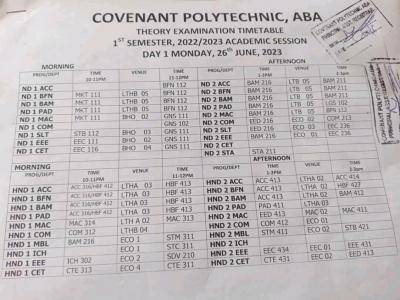Covenant Poly 1st semester examination timetable, 2022/2023