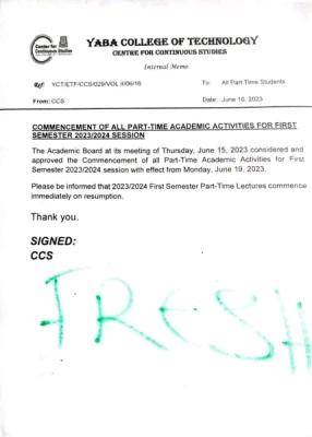 YABATECH notice on commencement of all Part-Time academic activities for 1st semester, 2023/2024 session