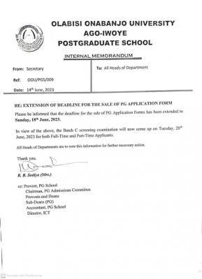 OOU notice on extension of Postgraduate application form