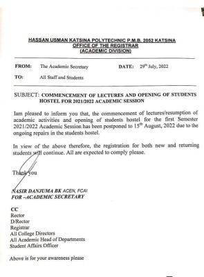 HUKPOLY notice on commencement of lectures, 2021/2022