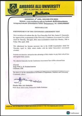 AAU reschedules Continuous Assessment Test