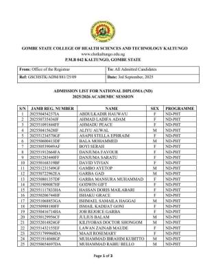 Gombe State College of Health Sciences & Tech. Kaltungo ND admission list, 2025/2026