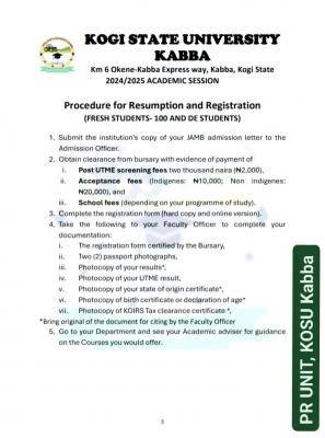 Kogi State University registration procedures for newly admitted students, 2024/2025