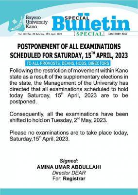 BUK postpones examinations scheduled for 15th April, 2023