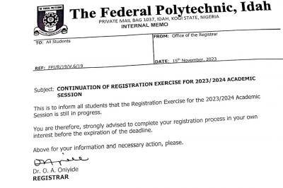 Fed Poly Idah notice on continuation of registration exercise, 2023/2024