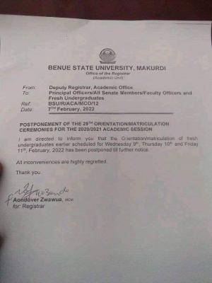 BSUM postpones matriculation ceremony