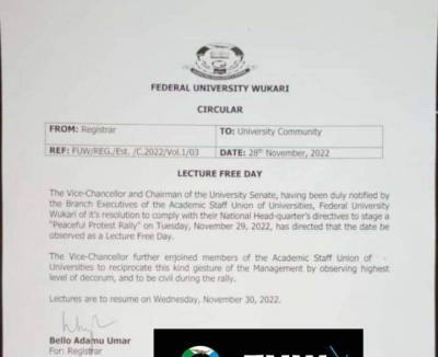 FUWukari announces lecture free day
