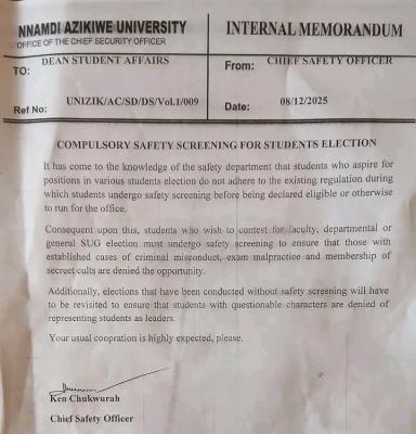 UNIZIK announces compulsory safety screening for students' elections