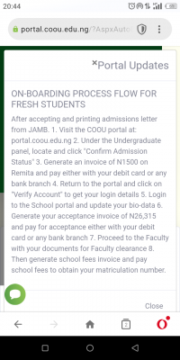 COOU clearance procedure for newly admitted students, 2020/2021