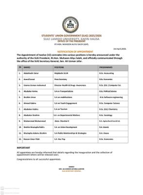 SLU SUG appoints comrades into various strategic positions