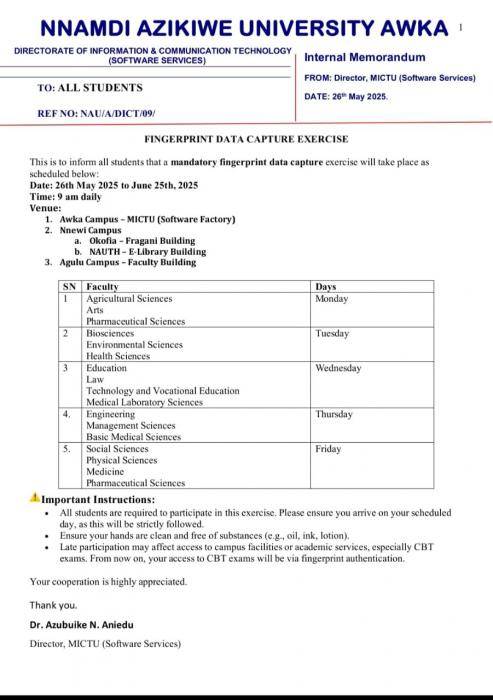 UNIZIK notice on Fingerprint Data Capture Exercise, 2025