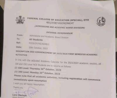 FCE (Special), Oyo notice on resumption and commencement of first semester, 2023/2024