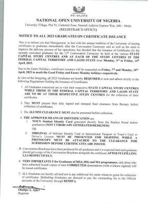 NOUN notice to all 2023 graduates on issuance of certificate