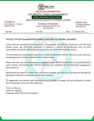 ATBU SUG notice to NELFUND beneficiaries, 2024/2025
