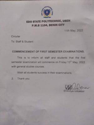 Edo Polytechnic notice on commencement of first semester examination, 2021/2022