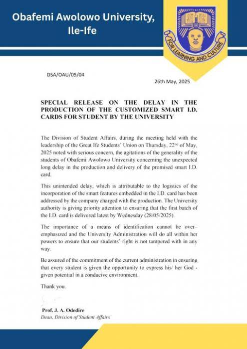 OAU notice on delay in the production of students' ID card