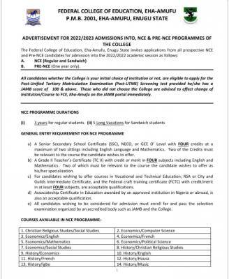 FCE Eha-Amufu NCE & Pre-NCE Post-UTME 2022: Cut off mark, Eligibility and Registration Details