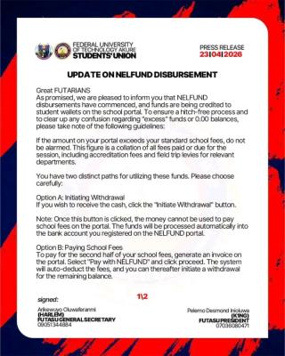 FUTA SUG notice on commencement of NELFUND Disbursement