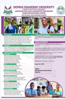 Dennis Osadebay University JUPEB admission form, 2022/2023