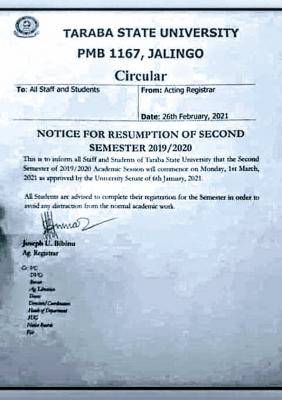 TSU notice on resumption for 2nd semester, 2019/2020