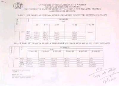 UNIBEN first semester lecture timetable, 2021/2022 & 2022/2023 session