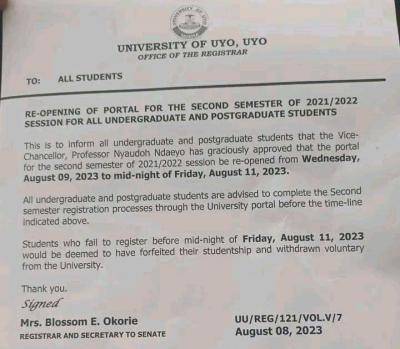 UNIUYO re-opens portal for 2nd semester registration, 2021/2022