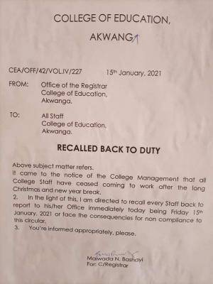 College of Education, Akwanga recalls staff to duty