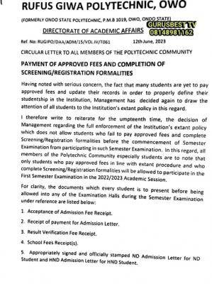 Rufus Giwa Poly notice on payment of approved fees and completion of screening/registration formalities