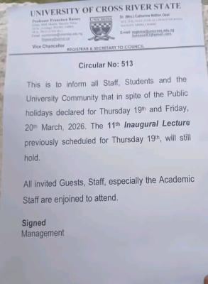 UNICROSS to hold 11th Inaugural Lecture amidst Sallah Break