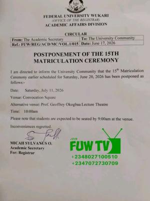 FUWAKARI Postpones 15th Matriculation Ceremony
