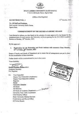 Sule Lamido University notice on commencement of 2023/2024 academic session