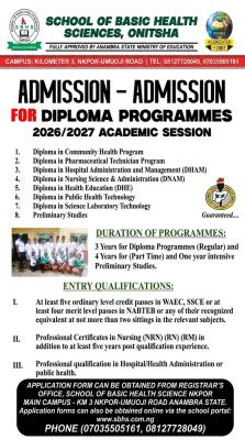 School of Basic Sciences Onitsha advertises Diploma Application form, 2026/27