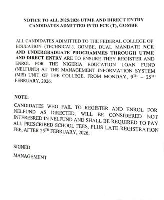 FCET Gombe notice to new students on NELFUND application