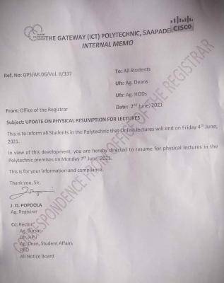Gateway Polytechnic notice on physical resumption of lectures