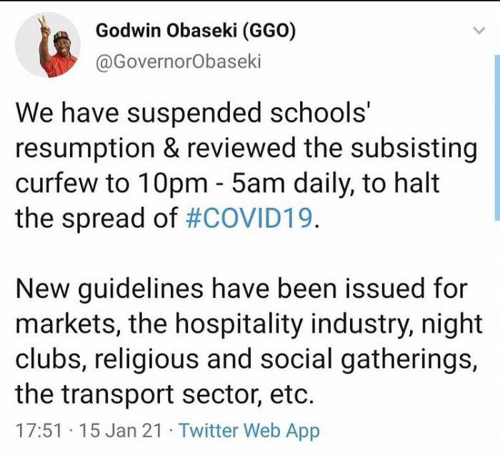 Edo state suspends schools resumption indefinitely