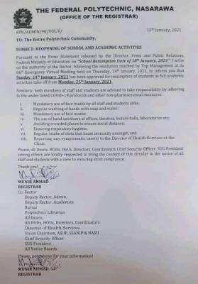 Federal Polytechnic Nasarawa resumption notice