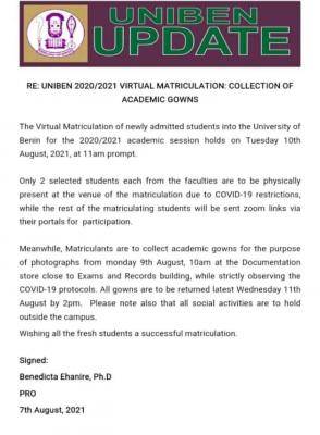 UNIBEN update on the virtual matriculation ceremony for 2020/2021 session