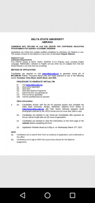 DELSU Diploma Admission Form for 2020/2021 session