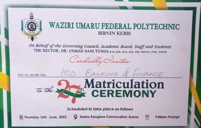 Waziri Umaru Federal Polytechnic 27th Matriculation Ceremony holds June 16th