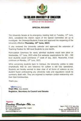 TASUED announces resumption of academic activities