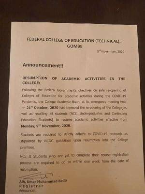 Federal College of Education (Techincal) Gombe announces resumption date