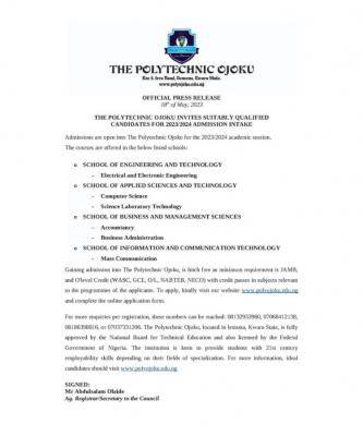 The Polytechnic Ojoku Admission Form For 2023/2024 Session