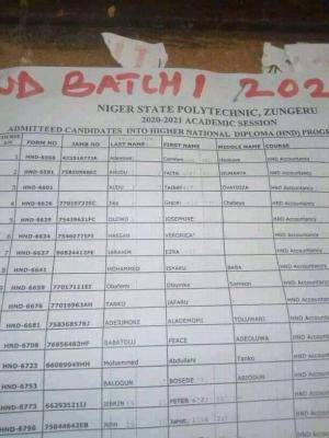 Niger State Poly 1st Batch HND admission list, 2020/2021
