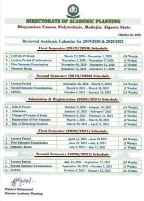 BUPOLY revised academic calendar for 2019/2020 session