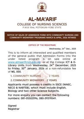Am-Ma'rif College of Nursing Sciences Sales of Admission Forms for 2026 Intake