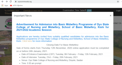 Oyo State college of Nursing and Midwifery, Kishi admission form, 2021/2022
