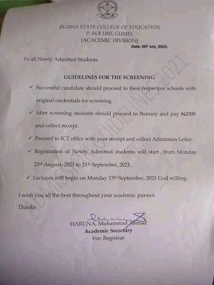 Jigawa State College of Education screening guidelines for new students
